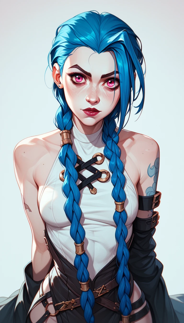 uma menina, Jinx from arcanes ((holding an flintlock pistol)) , realistics pirates clothes, long braids blue hair, mature, Stand up, maquiagem, Lips are soft or colored, simple light, uncontrasted, simple plain wallpaper background, silhuetas simples, lineart, minimalist