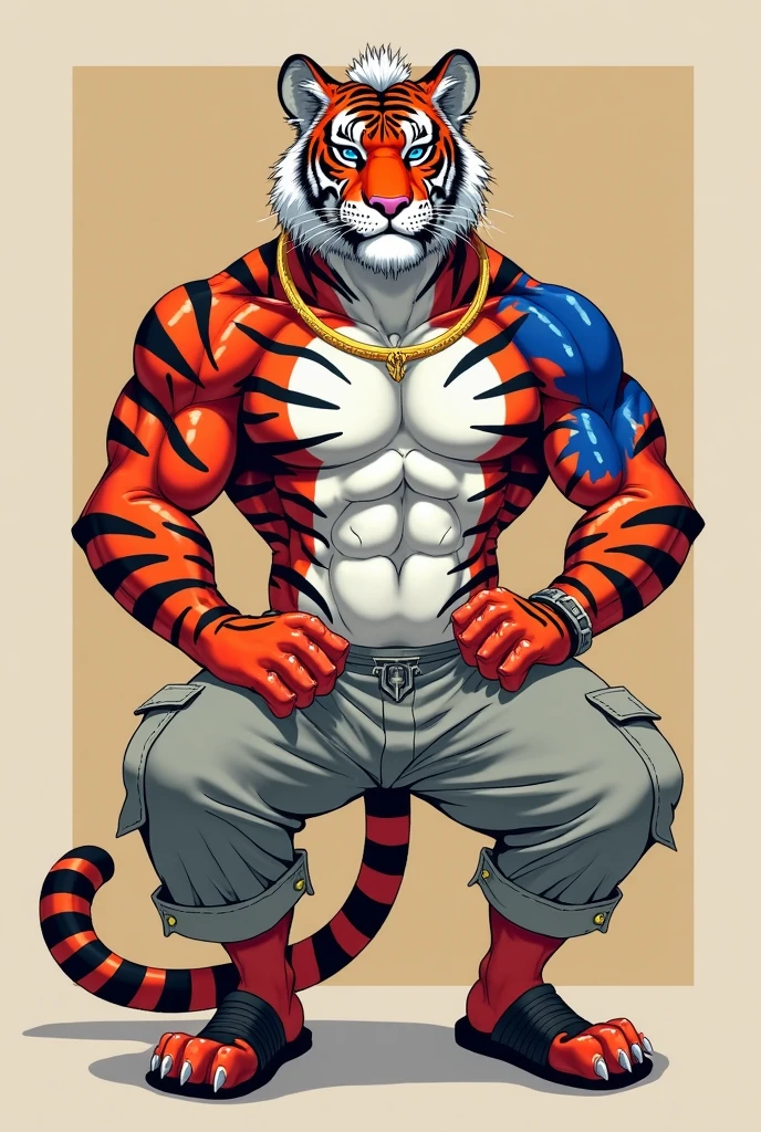 Tiger, furry, tony, zucaritas, adult, y, bara, muscle ,flat background, (soft shading), 8k, masterpiece, half body eyes blue, nose blue, scarf short red, anime style, gay