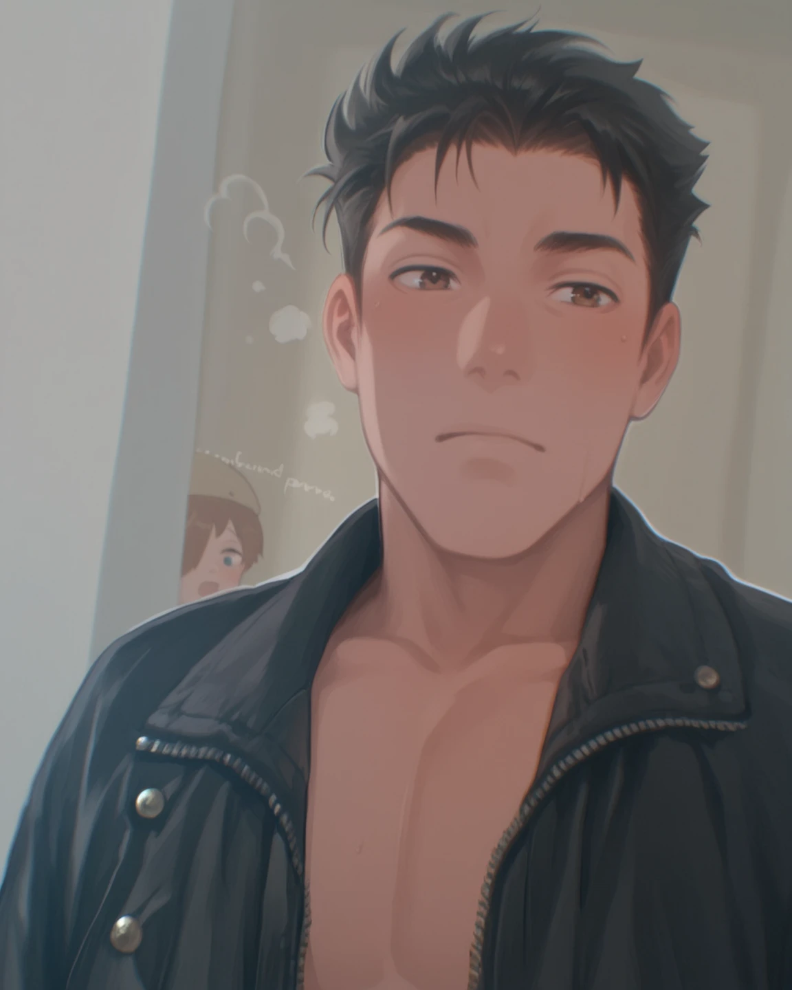 best quality, masterpiece, (realistic: 1.2), 1 man, Eren Jaeger, real life, live action, black jeans, black pants, brown hair, attack on Titan, long hair, abs, muscles, shirtless, sunset background, looking at the mirror, black jacket, fitness, fit body, slim body, high definition, high quality, gigachad, back muscles, back, leaning on a mirror