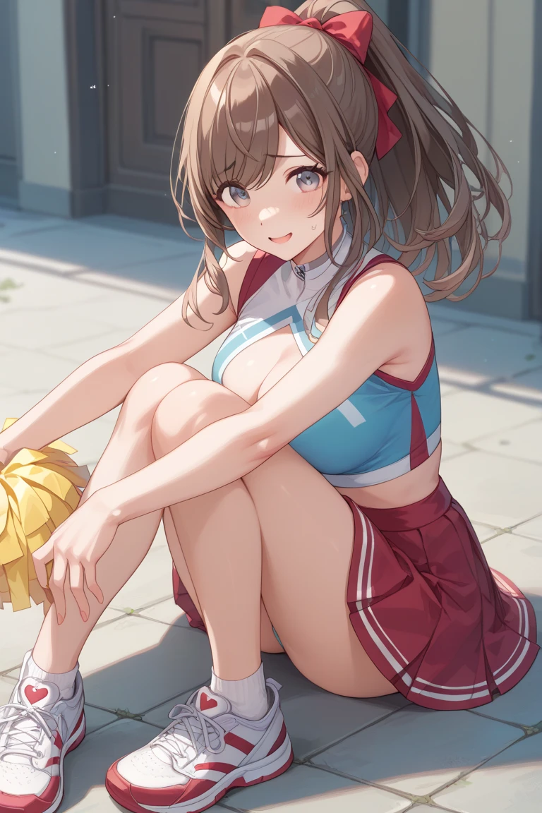 a young cheerleader girl, cute, long brown hair, blue eyes, pink cheerleader outfit, jumping, energetic, outdoor cheerleading scene, blue sky, green grass, (best quality,4k,8k,highres,masterpiece:1.2),ultra-detailed,(realistic,photorealistic,photo-realistic:1.37),highly detailed,intricate details,vibrant colors,cinematic lighting,professional photography