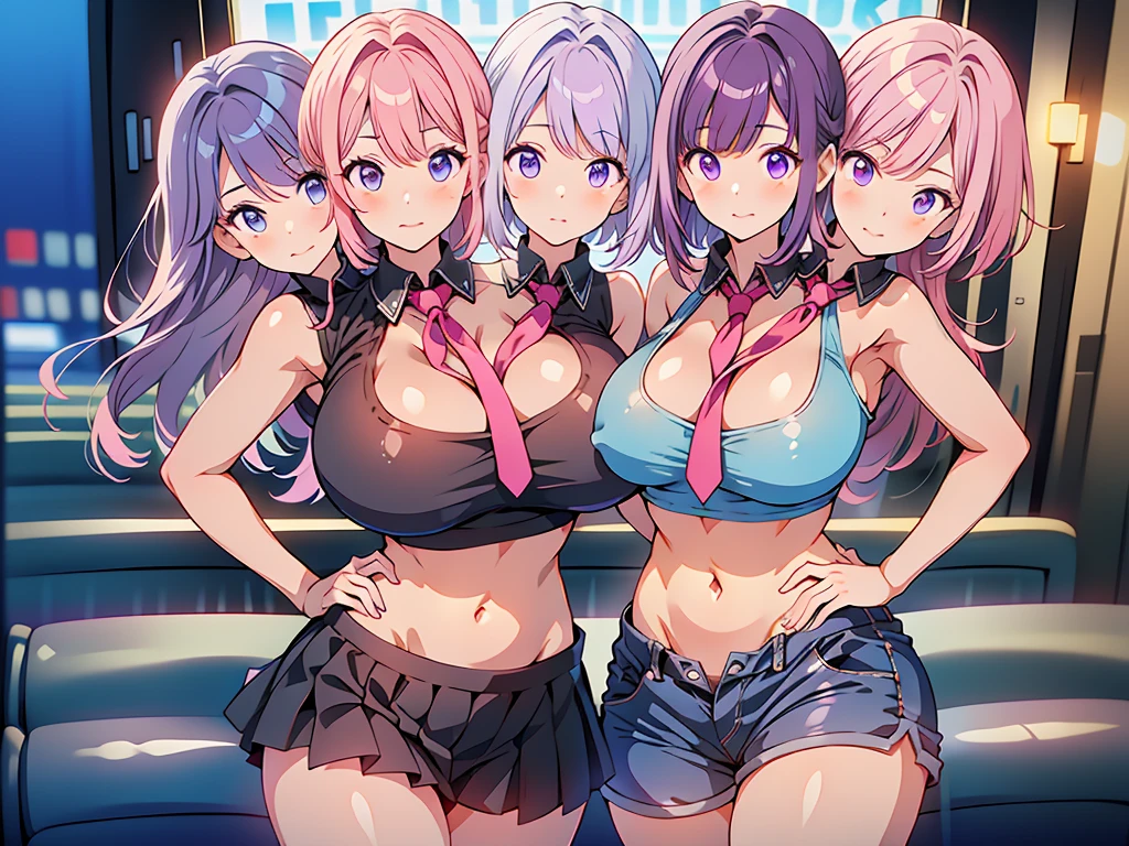 (Harem:1.2),4k, high resolution,uhd,4girls,quartet,squad,cowboyshot,pov,beautiful detailed eyes, detailed lips, long eyelashes, bright and vibrant colors, natural lighting,(best quality, highres), ultra-detailed, soft and smooth texture, no distractions, dreamlike sensation, slight bokeh effect,highlighting her figure,deformed and independented breasts,side by side,Different posing,surrounded by girls,(small breasts:0.5),Attractive girls,longing,(public facility:1.3),pajama party,on small bed,young,camisole,Skin Gloss,oily skin,Skin Highlights