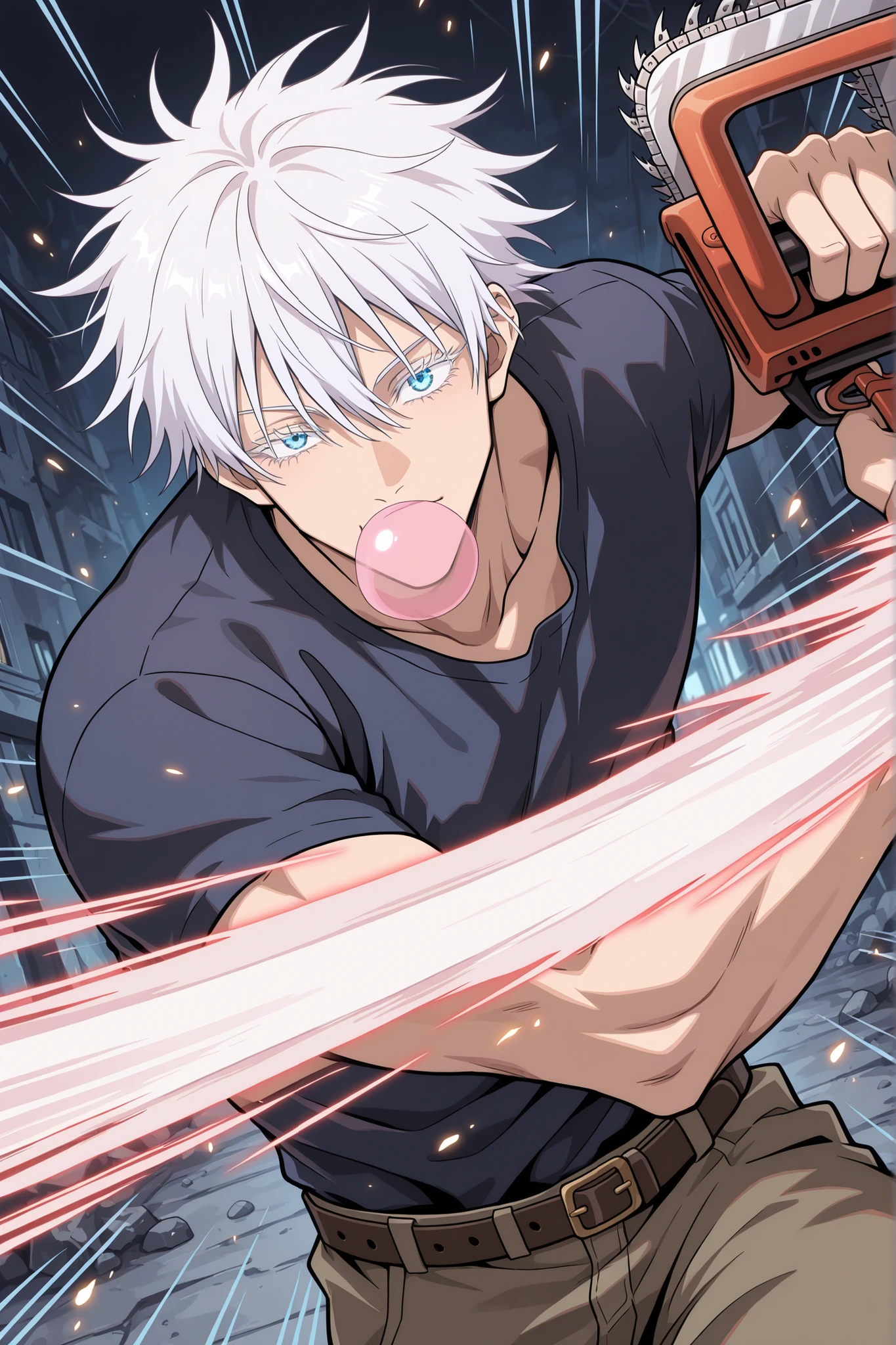 1man, adult, male focus, gojou satoru, jujutsu kaisen, white hair, short hair, ((hair between eyes)), colored eyelashes, white eyelashes, blue eyes, intricate eye iris, detailed eyes, muscular male, sexy man, handsome man, handsome face, chewing gum, bubble gum, oversize tshirt, cargo pants, Rocky belt with rivets, cool_man_style, cool man, stylish man, handsome man,, squinting eyes, chainsaw in both hands, (holding chainsaw:1.2), energy, (((slashing viewer, many slashing lines))), cool pose, dynamic pose, motion lines, glowing movement lines, dynamic angle, action scene, motion blur, masterpiece, best quality, amazing quality, very aesthetic, absurdres, newest, dynamic concentration line, perspective, zombie apocalypse, zombies around