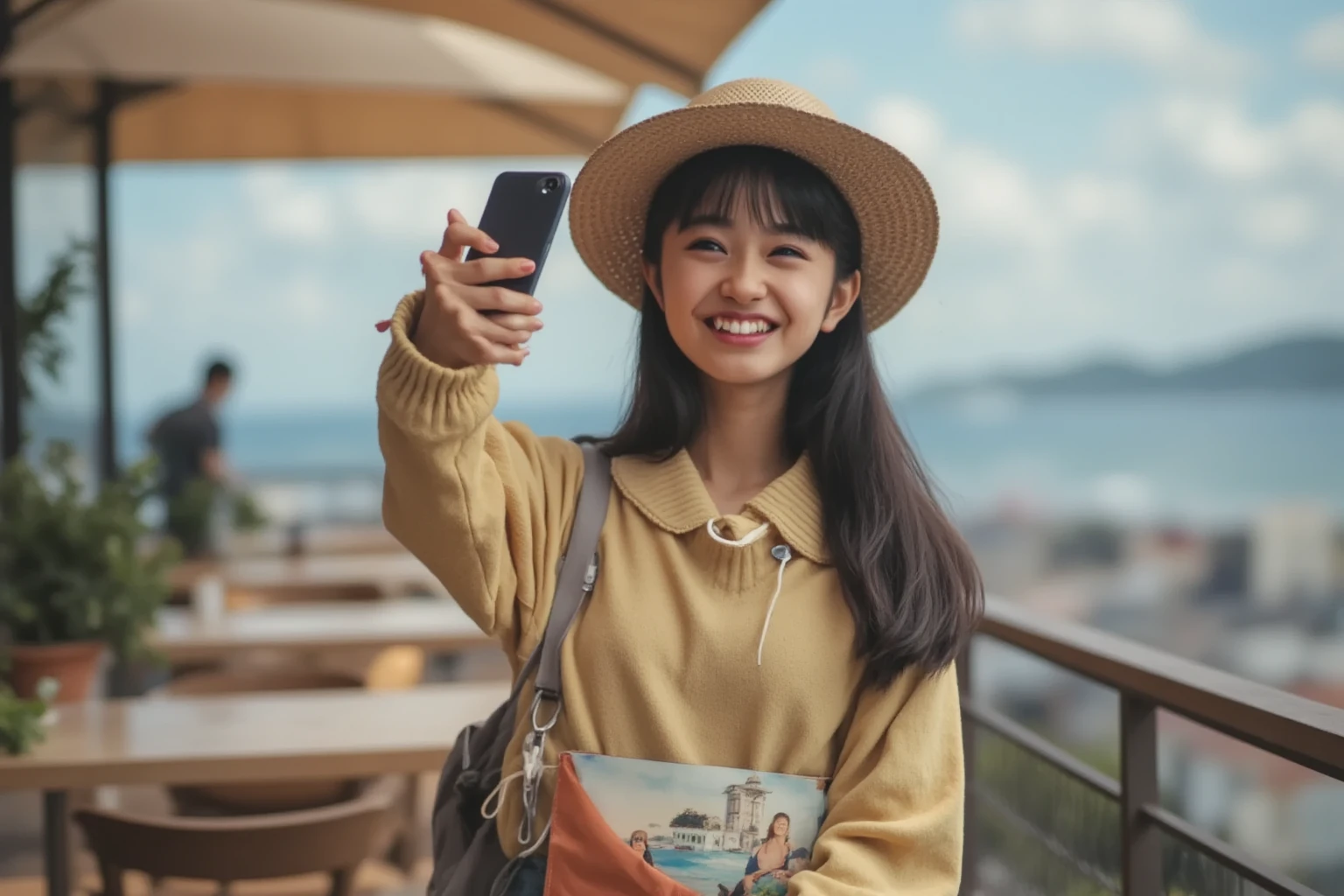 若い女性, カジュアルな旅行服, スマイル, 自撮り, スマートフォン, カフェテラス, 観光サイト , 自然光, ふわふわとした雰囲気 ...