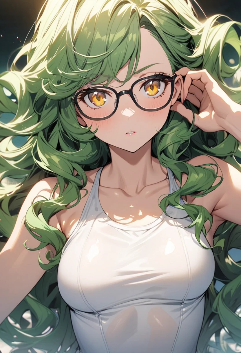 1 female, teacher, green hair, ,((impatient look)),beautiful breasts,thin white tank top,good style,,(facing the front)(((cheeks turn red、surprised expression)),(),((( upper body portrait)))frameless glasses, greenish gold eyes,(((The bangs are even)))