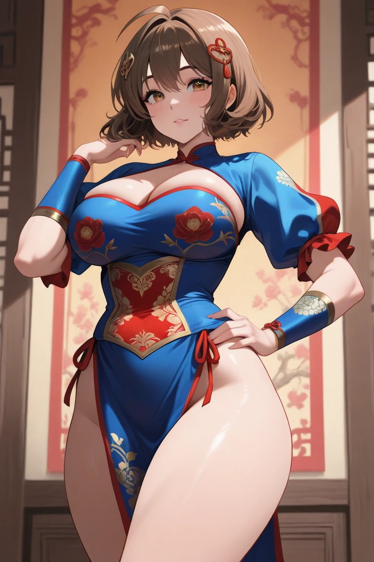masterpiece, best quality, defManuela, choker, fur trim, white robe, o-ring dress, cowboy shot, looking at viewer, view,Juno,bikini,((Tight leotard)), ((sexy pose)), ((Wrestling ring)), large breasts, smile, standing, looking at viewer, hands to own chest