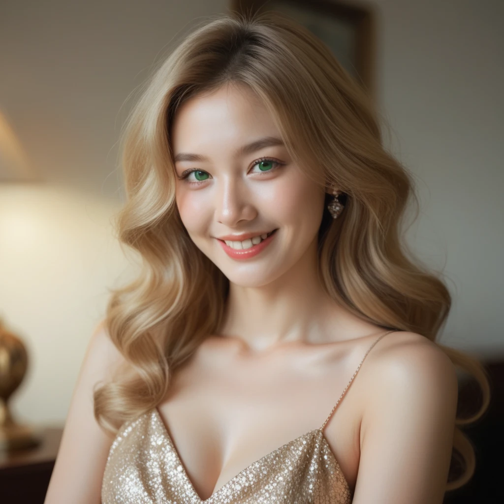 (top-quality、8K、32K、​masterpiece、nffsw:1.2)、1 girl in、beautfull Japanease woman、((Golden hair))、Fancy makeup、thin-waist、Beautiful Women in Perfect Style：1.4、Colossal tits:1.3、finerly detailed face、A smile、tube dress、breastsout、 raise both arm