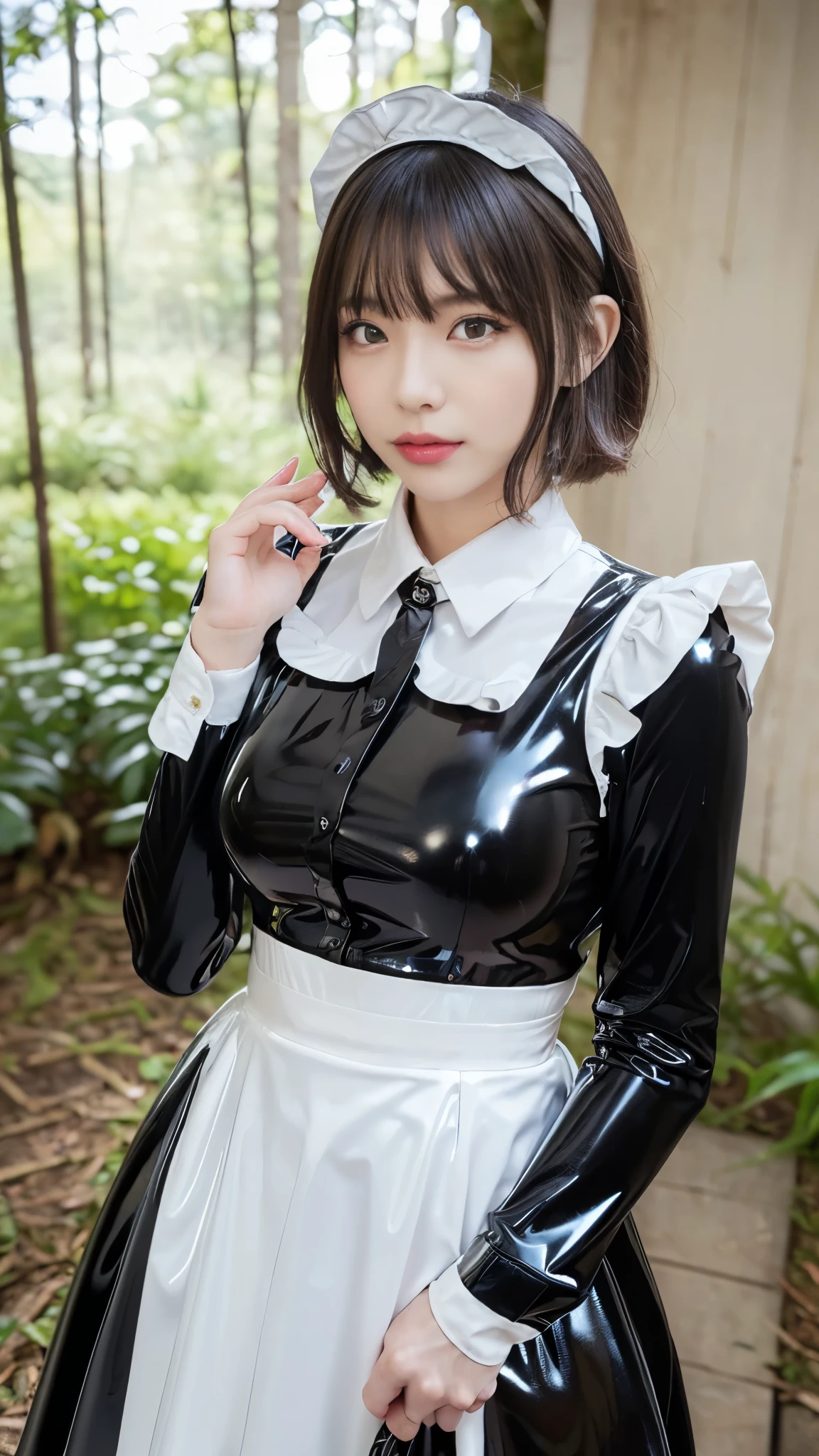 portrait,((photo of a woman wrapped in a shiny latex maid dress)),(masterpiece, best quality , ultra fine),highly detailed CG,( short haired bob style bang ) ,(Eye makeup for long eyelashes),(( very beautiful Japanese women)),((latex maid headband)),((Shiny black latex long sleeve shirt)),(Elegant long skirt made of shiny black latex),((latex tights)),(Deep in the forest)