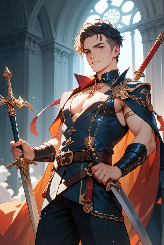 (Ridiculous, High resolution, Ultra detailed), 1 male, mature, masculine, tall muscles, handsome, fine eyes, intricate details, portrait, (bloody scar: 0.7), looking at the audience, solo, (full body: 0.6), detailed background, close-up, firm expression, dynamic pose, evil miracle costume, pillar of light, stars, buildings, floating particles, battle scene, atmospheric majesty, gameplay, system missions
