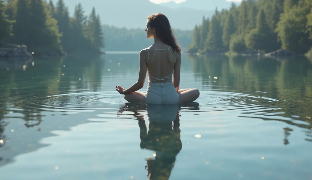 Woman floating on water. Rear View, Because I can't see your face. Beautiful sky. Clear skies, Great Blue. High quality down to the smallest detail. Wonderful landscape . people々is far away