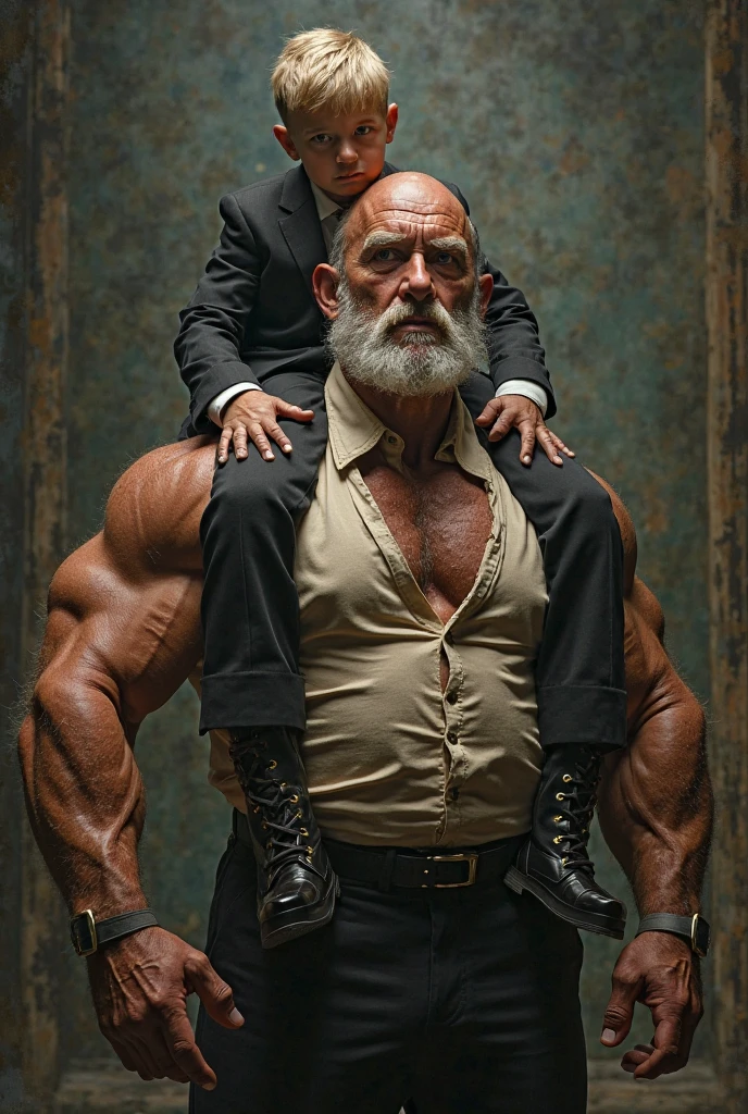 Hyperrealistic image of two men hugging each other, post-apocalyptic steampunk warriors posing hugging each other like very muscular, grey-haired superheroes., very old and very sweaty bodybuilder over 80 years old..very muscular and fat, He weighs more than 200 kilos with a naked torso., large and flaccid pectorals, Brown nipples and a big grey moustache in the middle of a ruined street with Victorians dressed in military trousers 