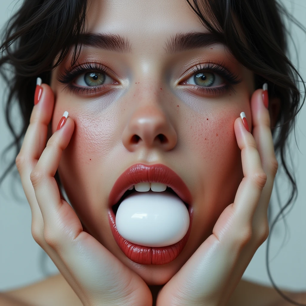 close-up of the woman's mouth、Hands on cheeks、milky white mucus in the mouth, , anatomically correct, detailed hands, Digital illustration, 3d rendering, niji_flux2, anatomically correct