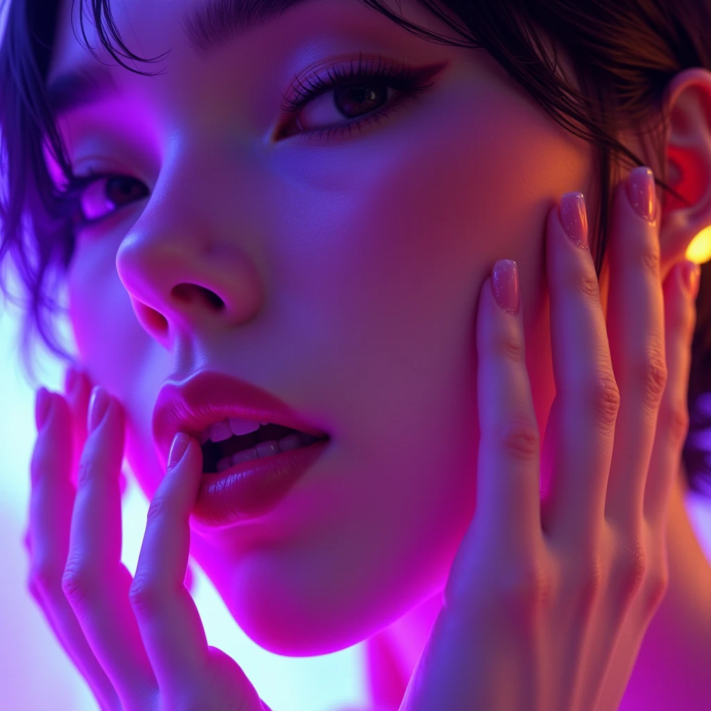 close-up of the woman's mouth、Hands on cheeks、translucent, milky white mucus in the mouth, purple and yellow lights, anatomically correct, detailed hands, Digital illustration, 3d rendering, niji_flux2, anatomically correct
