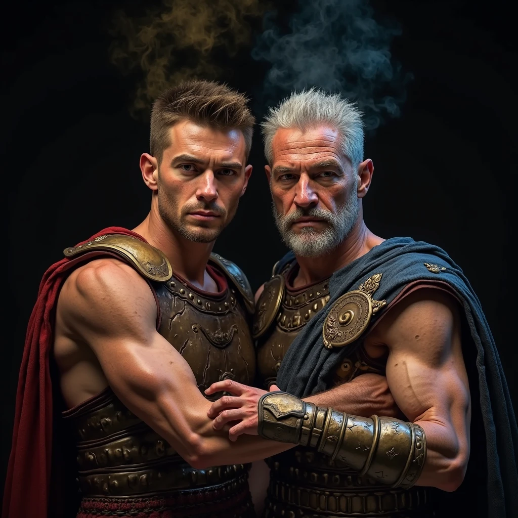 Male Titan, dark skinned muscular body, hairy chest, white hair, green eyes, Greek cloak clothing, naked, visible member, amazing lighting, greek temple.