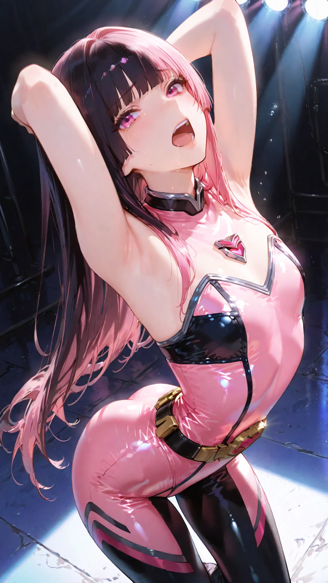 {{{{amazing quality, great quality, high quality, very aesthetic, aesthetic, best quality}}}},
realistic, photo, shadow, Three-dimensional, absurdres, Digital art,
{{{{Magical girl}}}}, beautiful girl, one girl,
black hair, long straight hair, hair, trimmed hair, shiny hair, blunt bangs, short sideburns,
brown eyes, tareme,
{{flat chest}}, {{small breasts}}, {{detailed body}}, slim thighs, thin thighs,
{{Transparent pink tentacles leotard}, {leotard peek}}, {{pink sailor collar}}, {{pink elbow_gloves}}, {{red boots}},
ribbon trim, red bow tie, heart brooch, thigh strap, white headband, white circlet, white cloak,
{{both shoulders expose}}, {{covered navel}},
{{magic circle}}, half-naked, Completely nude, distress, resistance, defeat, inferiority, absurdres, sexual pleasure, troubled face, shy, orgasm, sensitive body, Sweat, trembling, melted leotard, torn leotard, transparent leotard, damaged leotard, transparent pink tentacles wrap around the girl's chest, transparent pink tentacles wrap around the girl's crotch, Transparent pink tentacles covers the girl's breasts, Transparent pink tentacles covers the girl's crotch, A girl wear multiple transparent pink tentacles ,