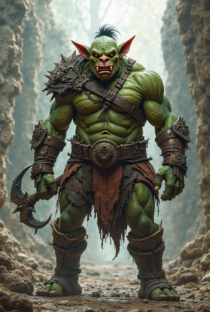a powerful goblin warrior, intricate armor, detailed face, large muscles, fierce expression, detailed hands, holding a sharp sword, dramatic pose, fantasy landscape, moody lighting, cinematic angle, epic scale, digital art, highly detailed, concept art style