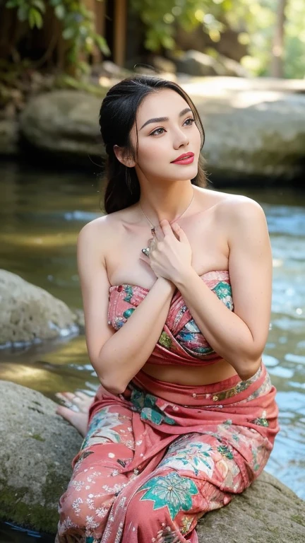 Cute girl wearing sarong dress with seducing pose, big smile, happy, bustling, ((whole body)) turning away facial at viewer, closeup, heavy mountains, misty, fog, woman standing in the waterfall, wet body, wet clothes, wet skin, beauty skin, huge breast, thick thighs bright lighting, big round ass, cute face, slim abs, 35mm lens, Extreme close-up, depth of field cinematography effect, romantic film genre, 8k resolution, high quality, ultra detail,