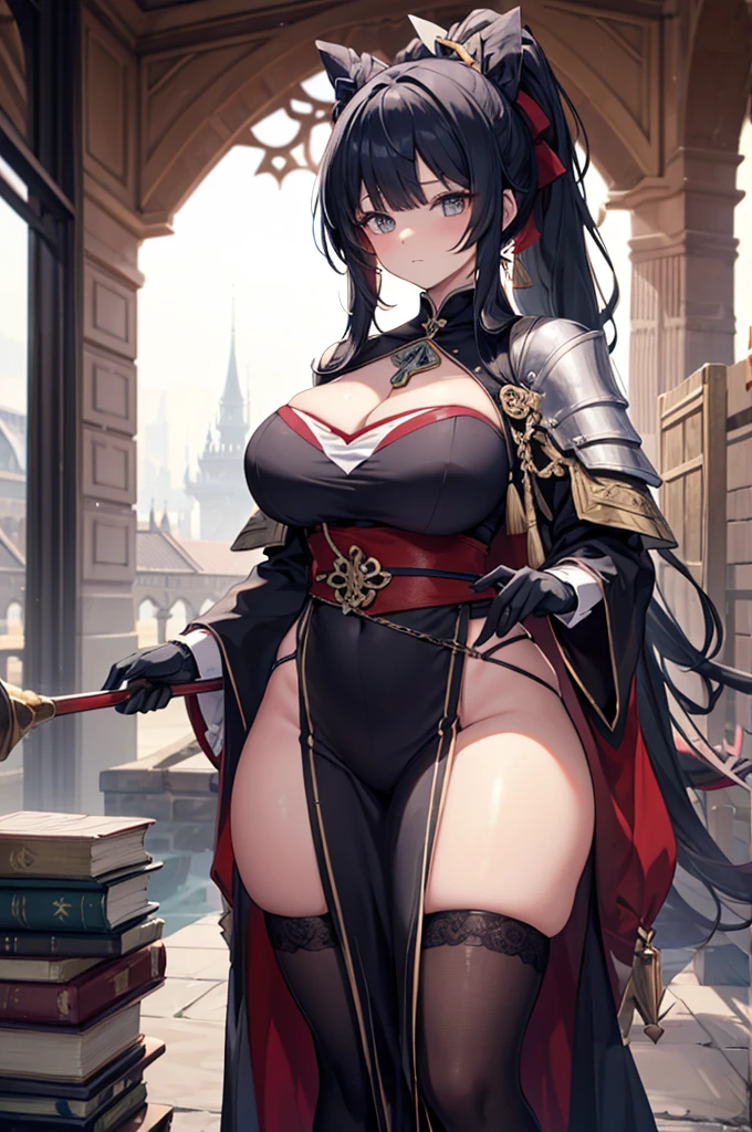 close up, Kneeling pose,The world of dreams, Imperial sister, short black curly hair，medieval messenger hat，Hat with feathers,  Redlip, camisole leather top, short crop top, humanoid creature, medieval town, Her skin is very white, White complexion, Orange eyes, disheveled black hair, obi strip,waist bag, The barefoot,Two black stockings leg tattoo,