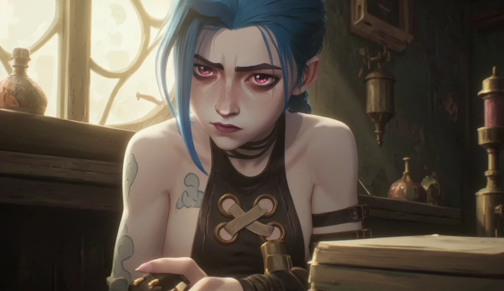 jinx, close up, blowjob, sucking dick, sucking cock, red purple eyes, Jinx weint vor der Kamera, Blaue Wolke Tattoo, (Meisterwerk, best quality), Seitliche Beleuchtung, beautiful detailed eyes, sad face), (best quality), (Meisterwerk), Magische Fotografie, Dramatische Beleuchtung, Fotorealismus, Ultra-detailliert, intimate portrait composition, Leica 50mm, Formel 1. 4,8K UHD, DSLR, aesthetic, Tsd., hight resolution, 8K, Beste Ausleuchtung, Bester Schatten, Ultra-HD, hight resolution, Scharfer Fokus, Komplizierter Hintergrund, Filmische Beleuchtung, ((Landschaftsansicht)), 4K-Einheit, (Beste Ausleuchtung), ((Filmische Beleuchtung)),