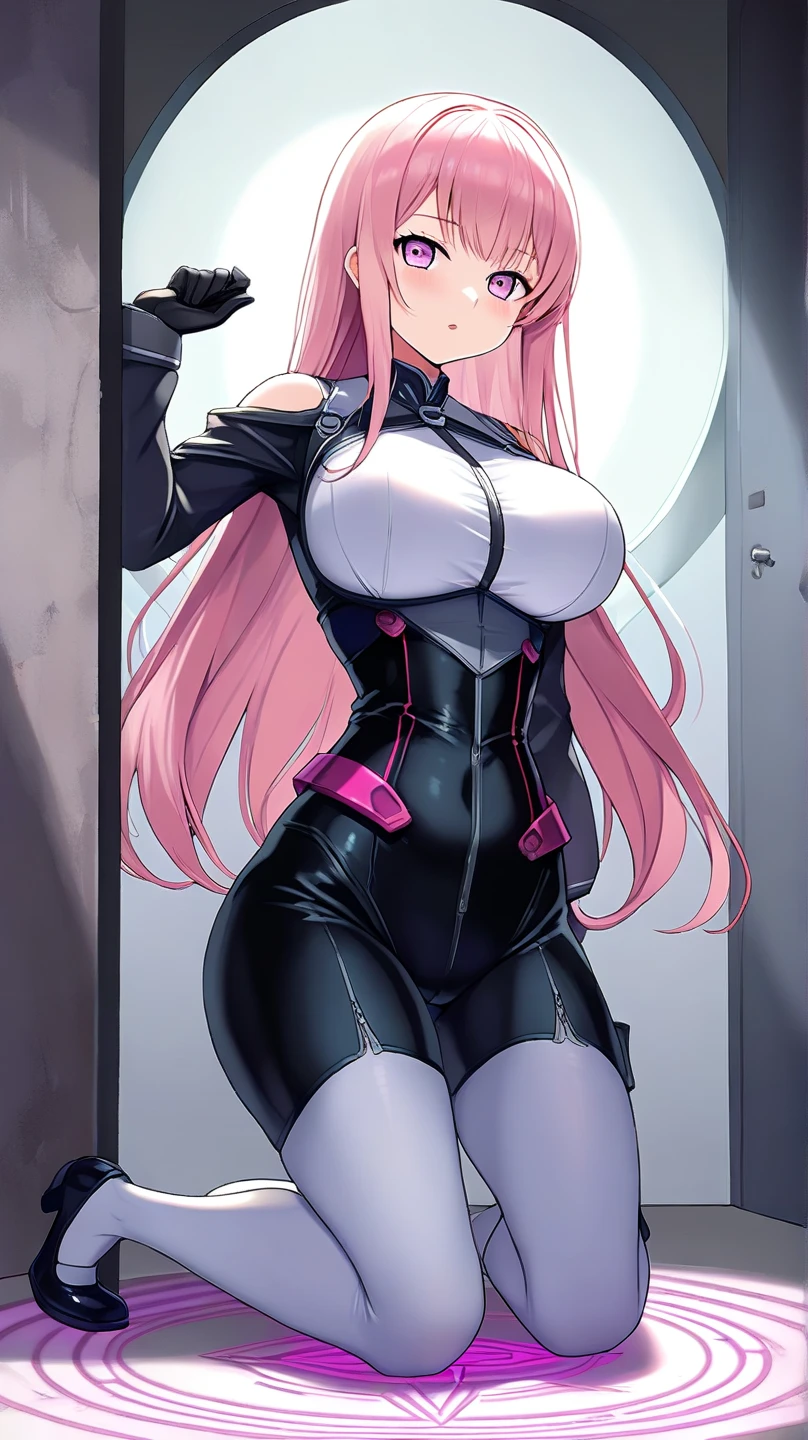 (best quality,4k,highres,masterpiece:1.2),ultra-detailed,(realistic,photo-realistic:1.37),Gasai Yuno from Mirai Nikki, a girl with pink hair,(large breasts:1.5), twintails and long hair. She is the sole focus of the artwork. She is wearing dark grey overalls, a black choker, and leather gloves. Her eyes are strikingly red. The scene captures her chasing someone, with an intense gaze and determined expression. The artwork showcases vibrant colors, highlighting the pink hair and red eyes. The lighting is dramatic, casting strong shadows and emphasizing the overall intensity of the scene.