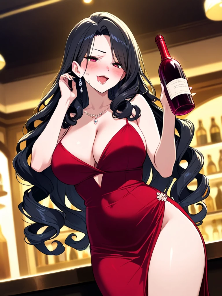 Adult female, milf, busty, hidden hourglass figure, sexy red dress, messy and long black hair, golden yellow irises, defined black pupils, passionate, blushing, casino, drinking wine at bar, sitting at bar, night, perfect eyes, highly detailed, best detail, high quality