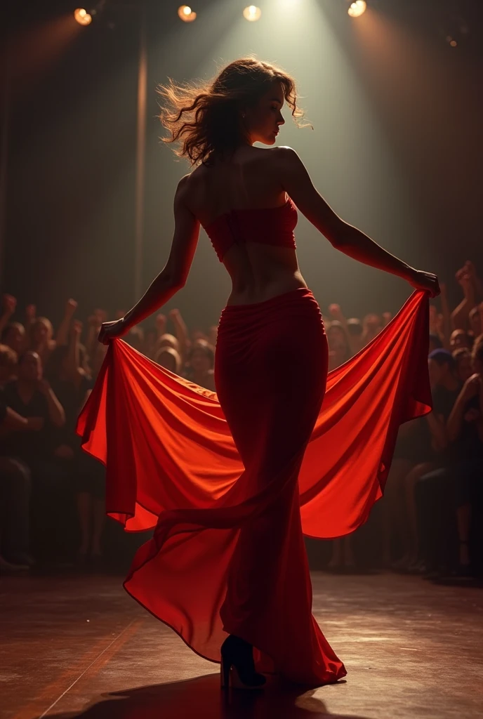 Create a rattlesnake with a fashionable pose and a chic red dress on a stage with an audience at night