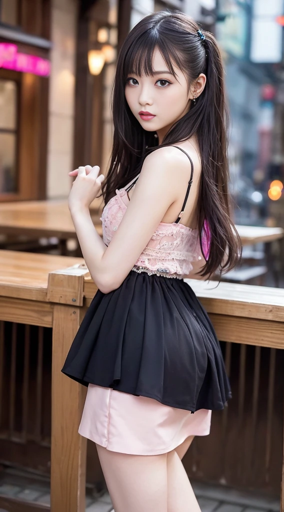 (8K, RAW Photos, Highest quality, masterpiece:1.2), Super detailed, Ultra-high resolution, (Realistic, Photorealistic:1.37) , High-definition RAW color photos, Professional photos, Very delicate and beautiful, Very detailed, 8K壁紙 , (Beautiful and detailed eyes:1.1),(Beautifully detailed face:1.1),Anatomically correct body shape , Fine and beautiful skin,Skin Texture , Full Body Shot , looking at the camera , Natural light , 1 person , woman , Japanese , 20-year-old , E cup bust , Slim waist , , Shiny Hair , (Long Hair ,Brown Hair:1.15) , Shy Smile , Tank top, (pink,A skirt that covers the knees:1.15) , , , , (Sit on your heels:1.2) , (Spread legs pose:1.21) , (Posing to show off black lace panties:1.12) , (Knees are high:1.1) , Emphasize the thighs ,Emphasize the armpit, Sharp focus , The background is a real Shibuya street