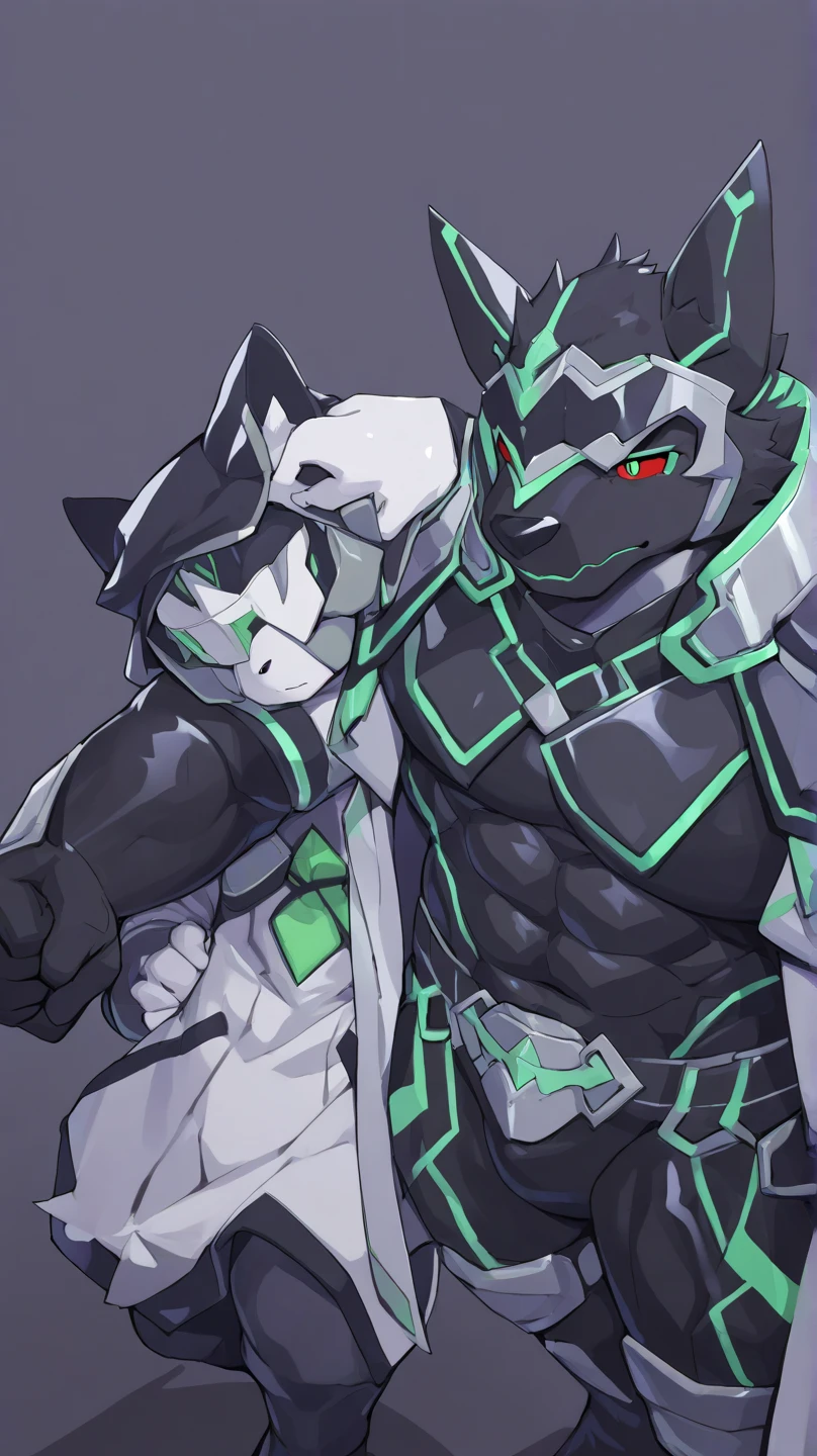 A hulking skull faced wolf creature with black fur, giant pecs, glowing green eyes, bangs, flexing, cheerfully smiling