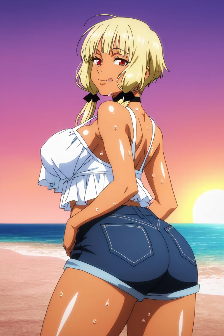 (nsfw:1.3),high resolution、masterpiece、high quality、(from behind), (topless:1.4),(bikini:1.4),((Hyuuga miki,Final Romance, Long hair, Blonde hair,((Brown skin:1.4)),purple hair band),(sweaty), happy smile,side ,one closed eye , thick , view from below, towering, looking at viewer