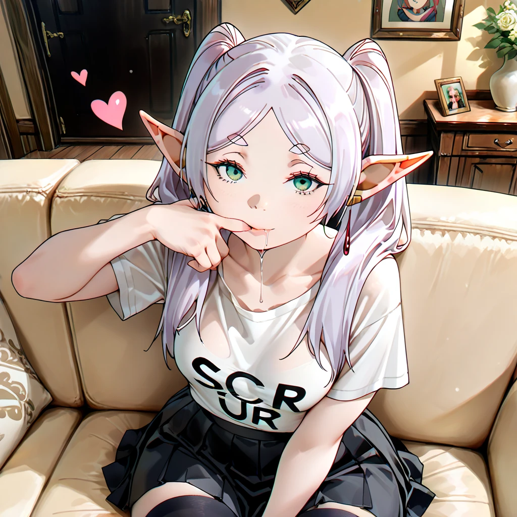 (masterpiece), best quality, expressive eyes, perfect face, Adult female, tall, toned body, elf, short ears, very short white hair, silver irises, blushing, on knees, embarrassed, flustered, black ribbed tanktop, black cargo pants, d-cup , highly detailed, on living room couch, perfect detail, high quality, perfect irises, perfect eyes, perfect hands, [close above view, looking up, looking at me, Alone, Non-nude]