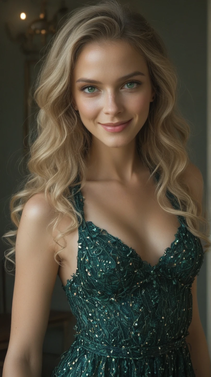 Realistic upper body photo of a smiling, Beautiful blonde woman with ponytail, She dances in front of the camera in a long A-line bridesmaid dress with straps made of shiny green satin., Park,glamour fotoshooting, Wedding celebration, perfect anatomy, perfect blue eyes. Perfect hands with 5 fingers on each hand, Suitable woman , looking at the camera, 1 Frau. (Eye make up:1.1), (highly detailed skin:1.1), spirit, analog style, keen focus, 8K UHD, dslr, good quality, Fujifilm XT3, Grain, Award-winning, masterpiece. Wedding celebration