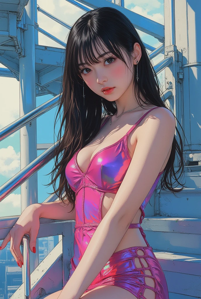 Illustration style Woman in pink bikini standing in pool、Water Slide, wearing two - piece swimsuit, wearing a swimming wear, in bikini, dilraba dilmurat, in water! Up to the shoulder, taejune kim, in bikini, Black Bikini, In the water, mayuri shiina, in water up to her shoulders, in water, one-piece style