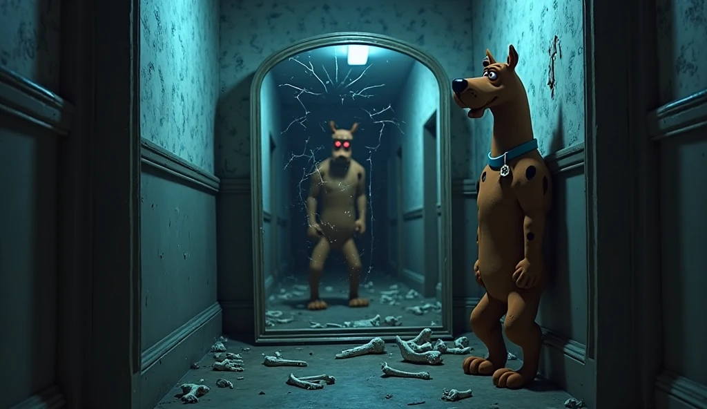 A naked woman facing a mirror with a demonic teddy bear behind her showing her vagina.