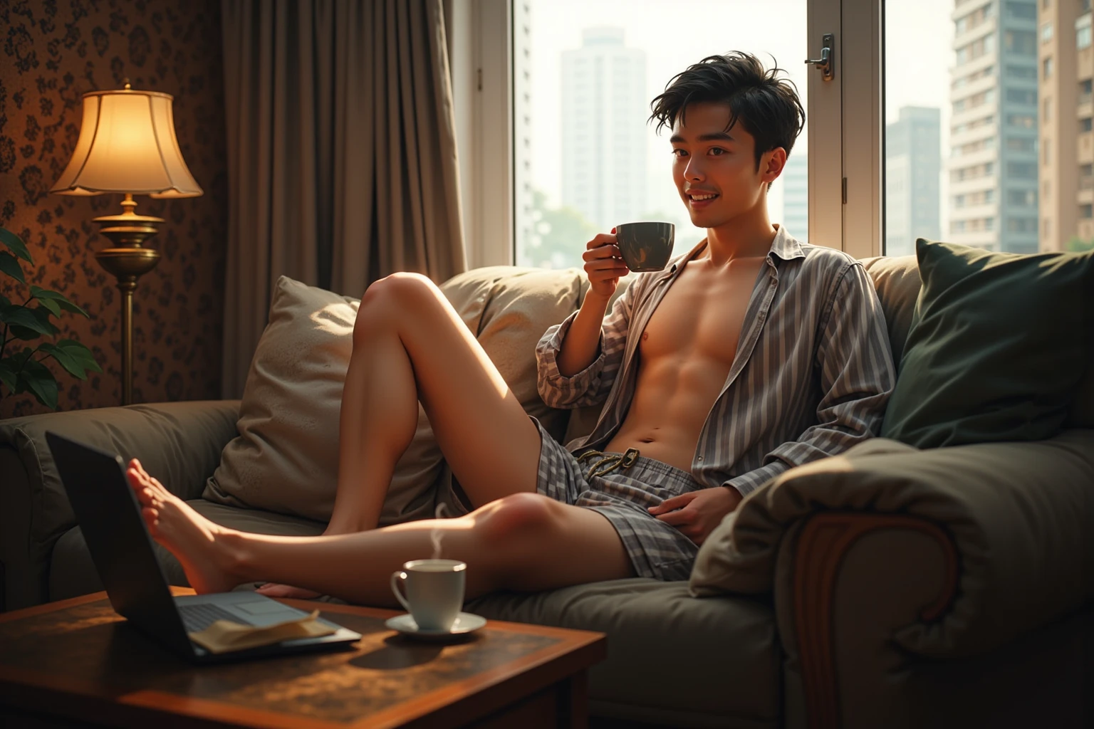 Ultra realistic 4k full-length Shot of a shirtless, athletic young asian man smooth, hairless face, closely shave head, with defined pectoral muscles, small waist and bubble butt, looking exhausted after an intense workout. He nude and is sprawled out, legs spread on a modem, minimalist living room couch in luxurious penthouse apartment