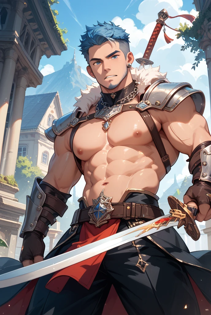 A sexy male fantasy warrior with a (penis,) magical world, masterpiece ,black hair, detailed face and eyes
