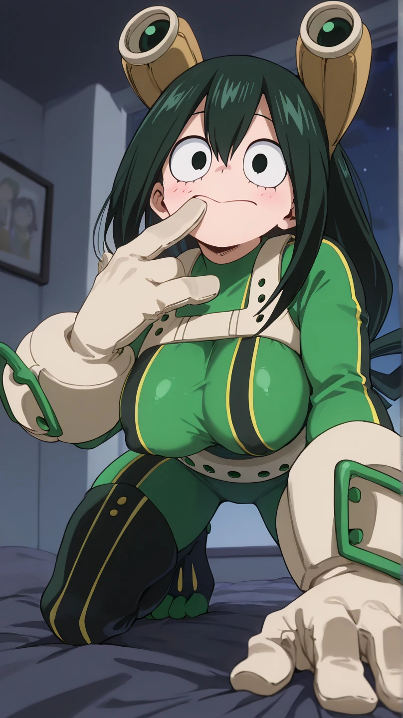 score_9_up, score_8_up, score_7_up, cowboy shot, 1girl, Asui Tsuyu\(boku no hero academia\), green hair, very long hair, low-tied long hair, tied hair, black eyes, wide hips, medium breasts, (torn clothes), (torn suit), (wounds on body), (wounds on face), (nude, nipples, pussy), source_anime, anime style, (scared), trembling, crying, laying on the ground (destroyed ground), spread legs, (front view)