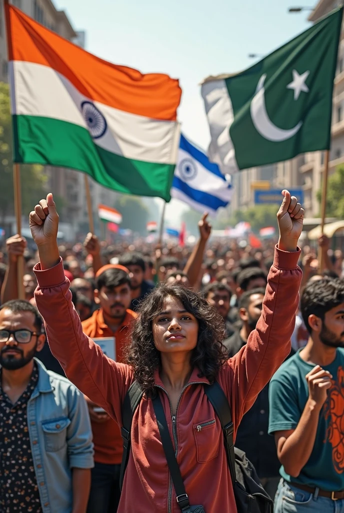 Muslim couple wearing hijab hats tearing Indian flag
