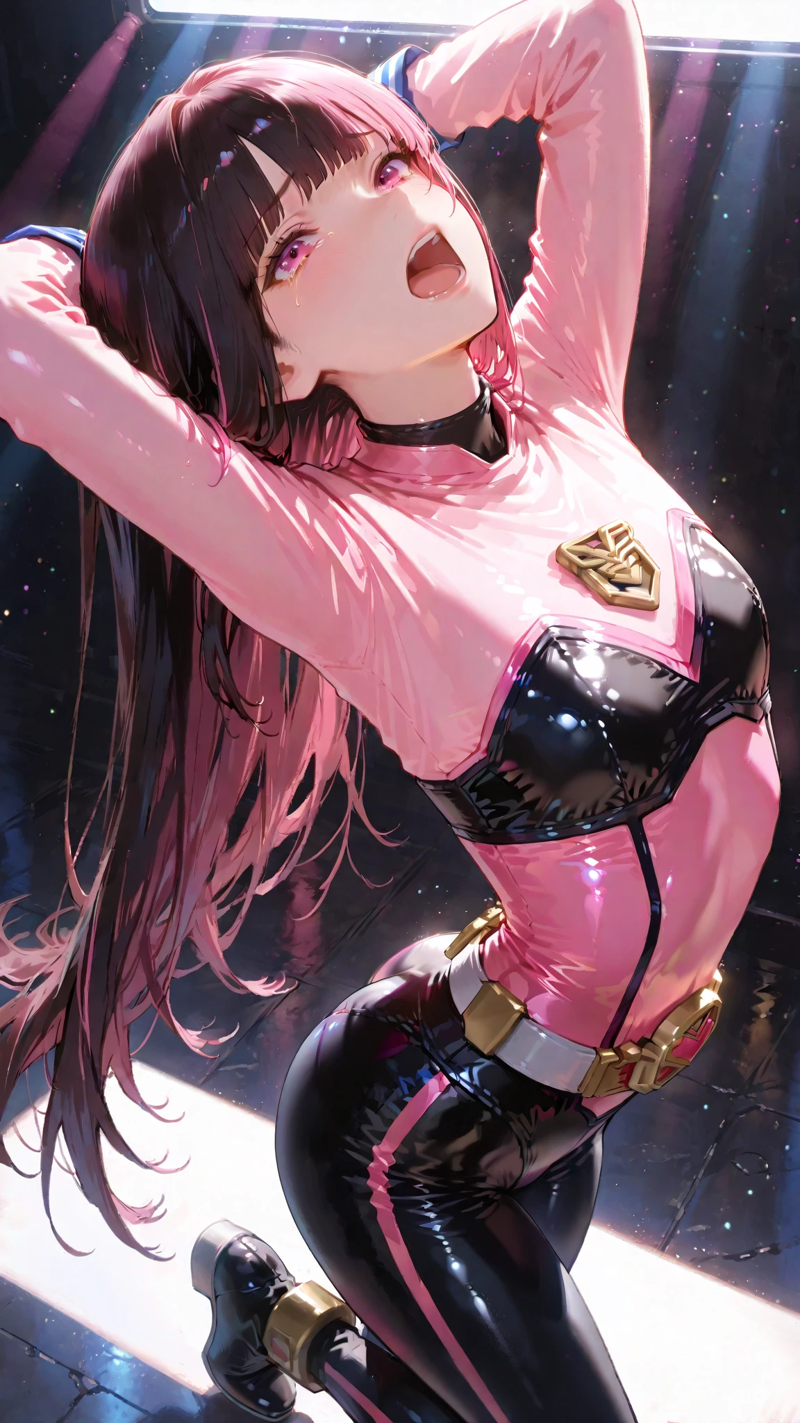 {{{{amazing quality, great quality, high quality, very aesthetic, aesthetic, best quality}}}},
realistic, photo, shadow, Three-dimensional, absurdres, Digital art,
{{{{Magical girl}}}}, beautiful girl, one girl,
black hair, long straight hair, hair, trimmed hair, shiny hair, blunt bangs, short sideburns,
brown eyes, tareme,
{{flat chest}}, {{small breasts}}, {{detailed body}}, slim thighs, thin thighs,
{{transparent pink slime leotard}, {leotard peek}}, {{pink sailor collar}}, {{pink elbow_gloves}}, {{red boots}},
ribbon trim, red bow tie, heart brooch, thigh strap, white headband, white circlet, white cloak,
{{both shoulders expose}}, {{covered navel}},
{{magic circle}}, transparent pink slime clings to the girl's chest, transparent pink slime clings to the girl's crotch, Transparent pink slime covers the girl's breasts, Transparent pink slime covers the girl's crotch, distress, resistance, defeat, inferiority, absurdres, sexual pleasure, troubled face, shy, orgasm, sensitive body, Sweat, trembling, melted leotard, torn leotard, transparent leotard, damaged leotard, transparent pink slime wear slime, half-naked,
