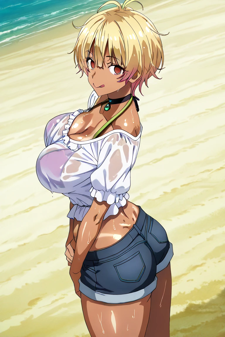 tall body, tall, long legs, mature female, mature, adult, Shokugeki_Ikumi, 1girl, breasts, blonde hair, solo, green eyes, dark skin, dark-skinned female, short hair, sweat, navel, large breasts, ahoge, cleavage, hair between eyes, closed mouth, looking at the viewer, blue theme, blue background, cloudy sky, sunlight, sweat, orgasmic, bikini swimsuit, large breasts, cleavage, belly button exposed, collarbone, thighs, sea and beach,