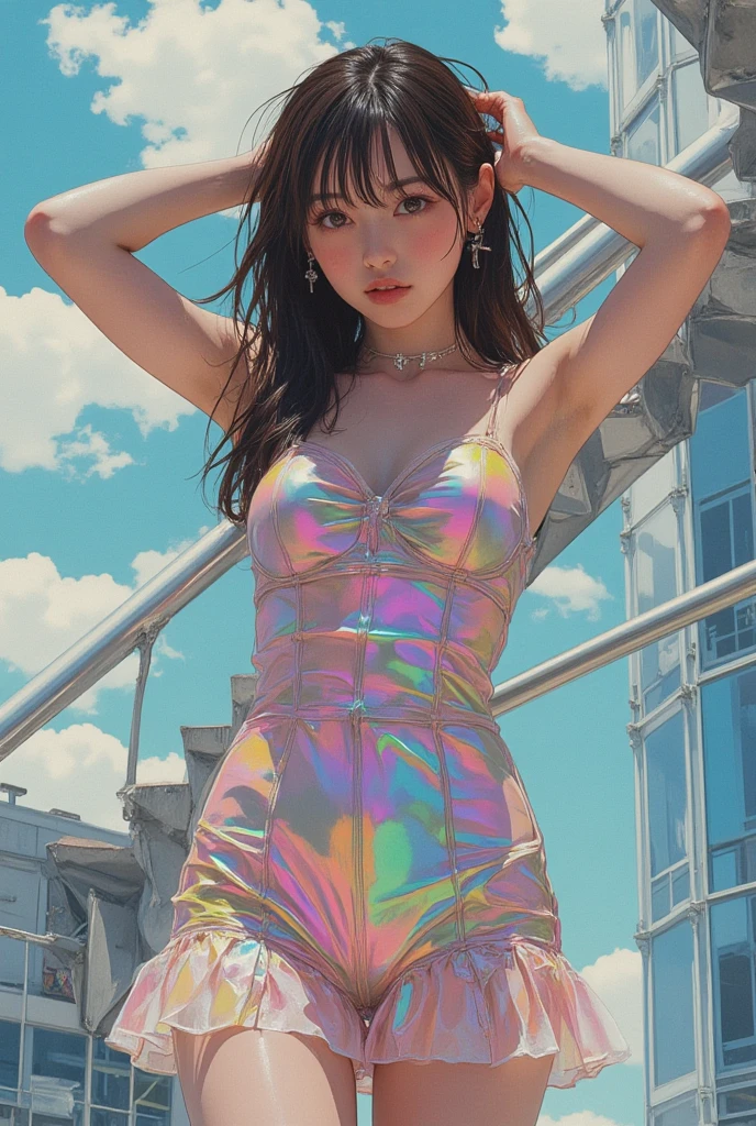 1girl beautiful,masterpiece, hyperdetailed, adult, mature, beautiful woman, short hair, voluptuous, tight dress, flat colors, vivid colors
(wind blows:1.421), (blue, red, pink, flower clusters: 1.6532), (looking at viewer) Deep view, (lights:1.1), flower clusters: 1.6532)
<lora:add_detail:0.6>
(iridescence holographic Clothing:1.3)