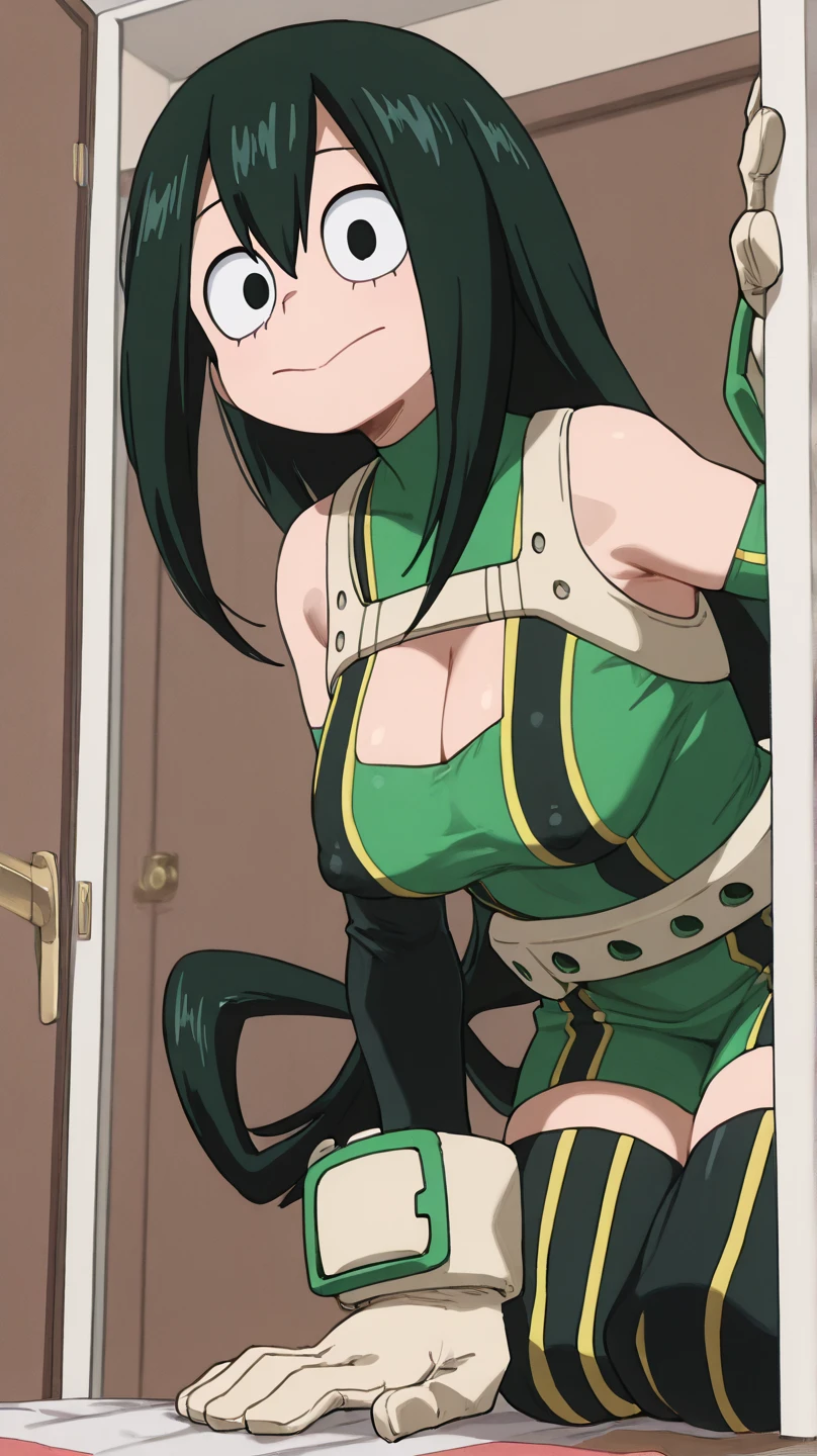 score_9_up, score_8_up, score_7_up, cowboy shot, 1girl, Asui Tsuyu\(boku no hero academia\), green hair, very long hair, low-tied long hair, tied hair, black eyes, wide hips, medium breasts, (torn clothes), (torn suit), (wounds on body), (wounds on face), (nude, nipples, pussy), source_anime, anime style, (scared), trembling, crying, laying on the ground (destroyed ground), (1boy, sex, pov, fuck pussy, cum in pussy), (one closed eyes)