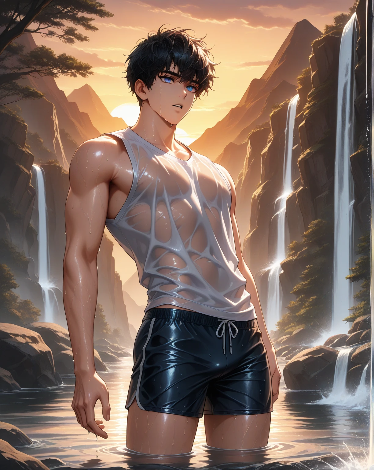 masterpiece,best quality,high quality,extremely detailed,(male austere handsome one solo adult age 30 years old:1.5),(purple eyes, cool with suspended eyes), body strong and fearless 8.5 head tall and 185cm tall,(well-groomed black hair short hair to neck:1.4), (bangs parted in thirds:1.4), (pectoral and rectus abdominis:1.3), slender nose, facial muscles, (saltwater pants:1.3), (hand on neck:1.3), (scowling smile:1.3), (taking a dip:1.3), (stylish pose), (background summer waterfall and forest:1.3), (blue sky)