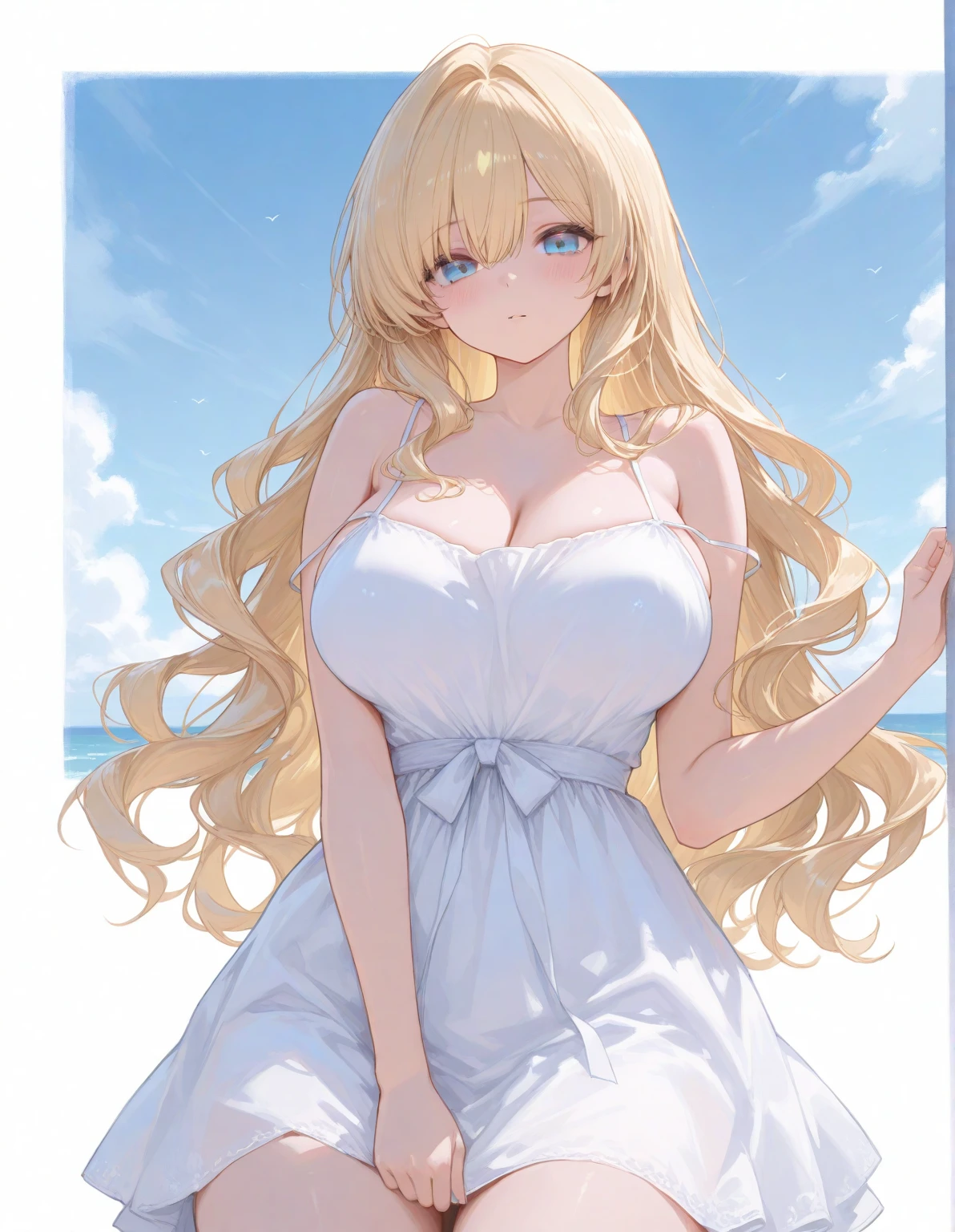 ((best quality)), ((masterpiece)), (intricate details, hyperdetailed:1.15), girl, half body, long blonde hair, blue eyes, sexy smile, (curvy:0.7), large breasts, cleavage, white short dress, wide hips, necklace, ((sunset)), on the beach, tropical beach scenery, sea in the background