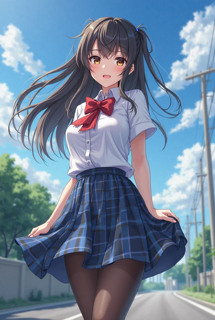 ((Tabletop, highest quality, High resolution, Hmph, Perfect Pixel,  4K, Hmph, Hmph))), One Girl, single, alone, Beauty、The whole body is visible、 ((Mid-wave hair, bangs, Brown Hair)), ((Brown eyes, Beautiful eyelashes, Realistic eyes)), ((Detailed face, Blushing:1.2)), ((Smooth texture:0.75, Realistic texture:0.65, Realistic:1.1, Anime CG Style)), Medium chest, Dynamic Angle, Perfect body,  ((Red bow tie, , , White shirt, Black Skirt, Checked skirt)), City stairs、Looking up from the bottom of the stairs、Very embarrassing panic smile, looked back、Leaning forward、(The wind blew up her skirt, exposing her buttocks....................、Touch your buttocks with both hands、Light pink floral lace panties)、