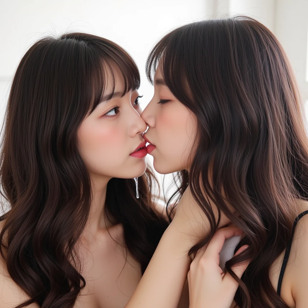 two women are Besando each other in front of a television, Besando together cutely, beso boca a boca, lesbian kiss, Besando each other, ulzzang, portrait of two girls Besando, Besando, Besando together, Pixivs y Junji Ito, beso encantador, Foto de perfil, 💣 💥, they are close to each other, Taejune Kim, con una chica rubia con el cabello ondulado, otra chica con el cabello negro lacio