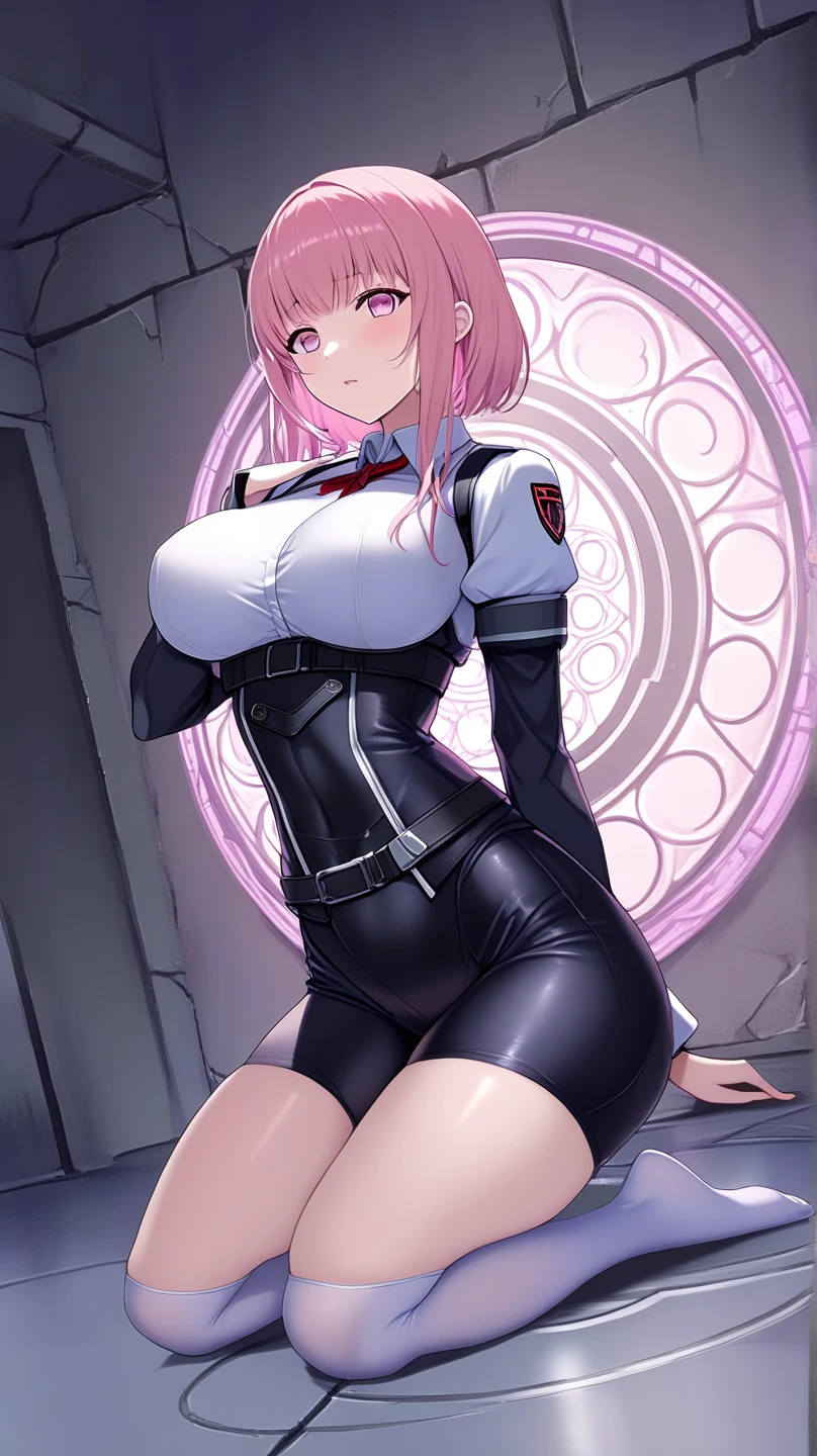 SFW (masterpiece, best quality,4k) a youthful adult woman with short pastel pink hair (short hair, loose, straight bob, long bangs), turquoise eyes, (sexy face), porcelain skin, aboard a spaceship, space, stars, futuristic clothes, (tight bodysuit under clothes, black bodysuit, full bodysuit), (cropped jacket, white jacket, big sleeves, large sleevels, puffy sleeves), (miniskirt, tight miniskirt, white miniskirt), (belts, pouches, harness), operative, rogue, mage, ((large breasts, round breasts, pushup)), ((slim)), small smile, head-to-waist portrait, cinematics, color oil painting, cinematic lighting, extremely detailed face, finely detailed face, beautiful face, beautiful eyes, perfect lighting, depth of field, (realistic proportions), (good anatomy), (solo), (1girl)