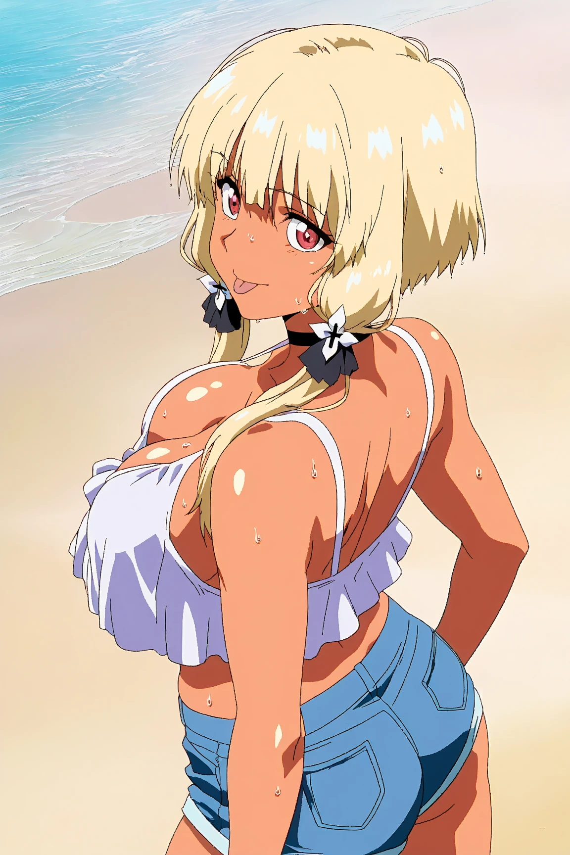((Best Quality, High resolution))、Anime cel drawing style, Manga style,(D5,Dark skin,Long Blonde Hair,Twin side locks with purple ribbon,Black lace choker,Hair bangs,eye glasses),(Huge breasts:1.2),(Beach,bikini of:1.3),(Arms up:1.4),Looking at Viewer