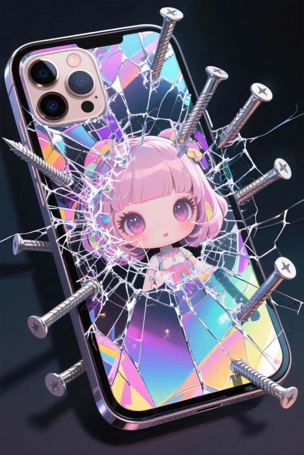 smartphone, cracked screen, nails piercing, high dimensions, high resolution, maidoll art style