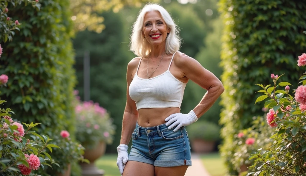 70 years old, attractive woman, silver hair, eyes, huge breasts, large bare breasts, sensual white thong, clean, slight smile, set teeth, dim lighting, very high detail, high dynamic range, is in a school yard