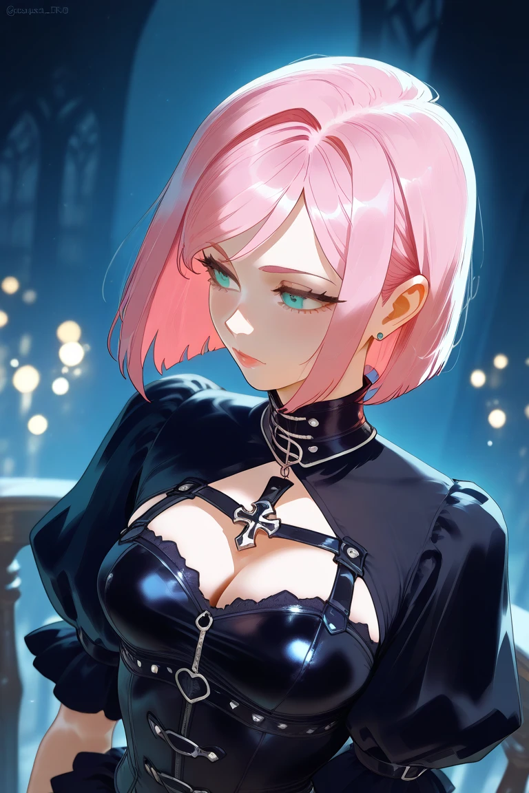 girl,arms under breasts,black cape,black dress,blue eyes,blurry,breasts,cape,closed mouth,colored inner hair,covered navel,cowboy shot,depth of field,dress,earrings,gloves,indoors,jewelry,light blush,looking at viewer,medium breasts,military uniform,multicolored hair,pink hair,purple cape,short hair,skin tight,smile,solo,two-tone cape,uniform,white gloves,silver hair