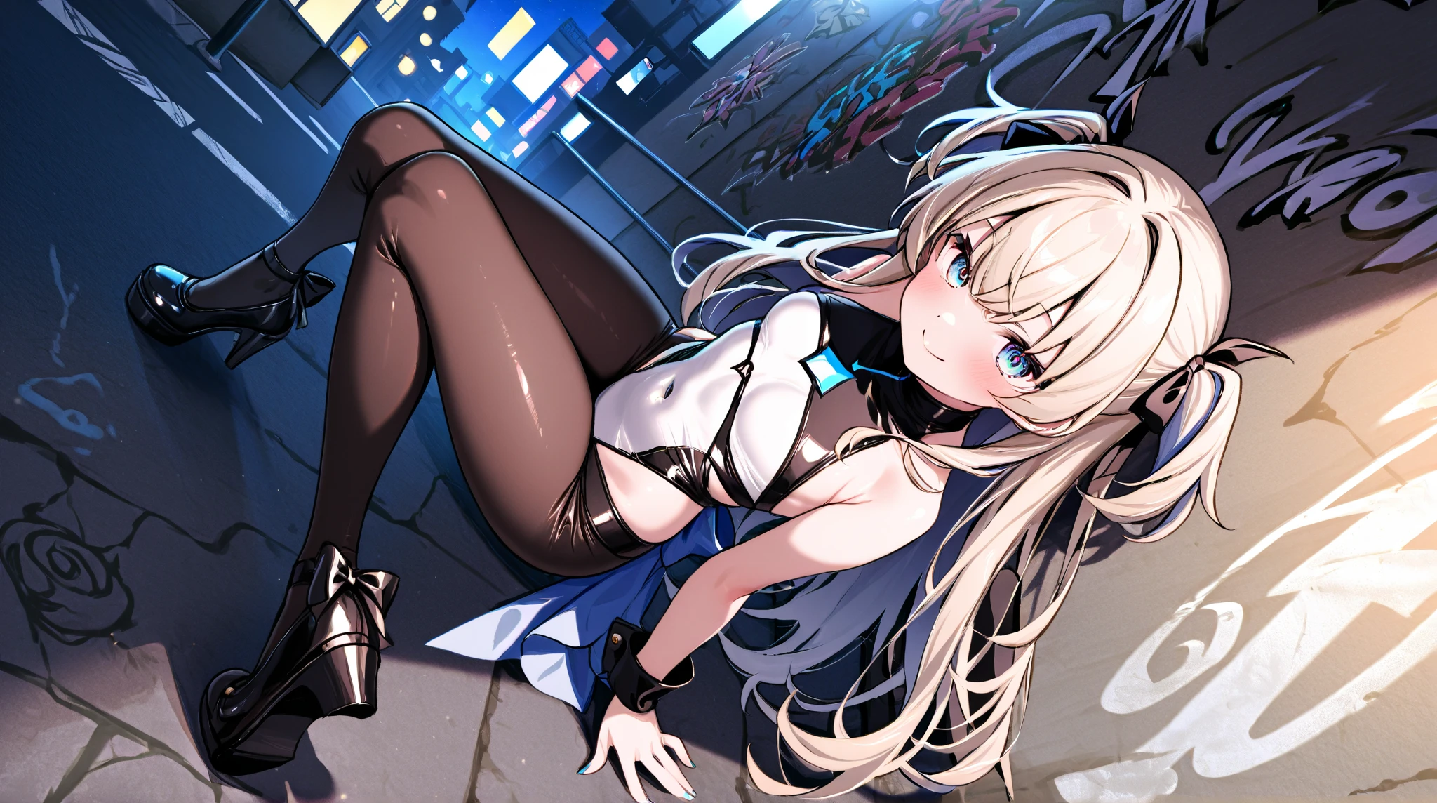(masterpiece, best quality:1.2), intricate details, 1girl, solo, sky striker ace raye,cityscape ,blue eyes,long Blond hair, black headdress.Dark brown tie, jumping down from the rooft of a building,raining,stars,night,narrow bust,frontal view,(mature female:1.2),huge breasts:1.6,thin body